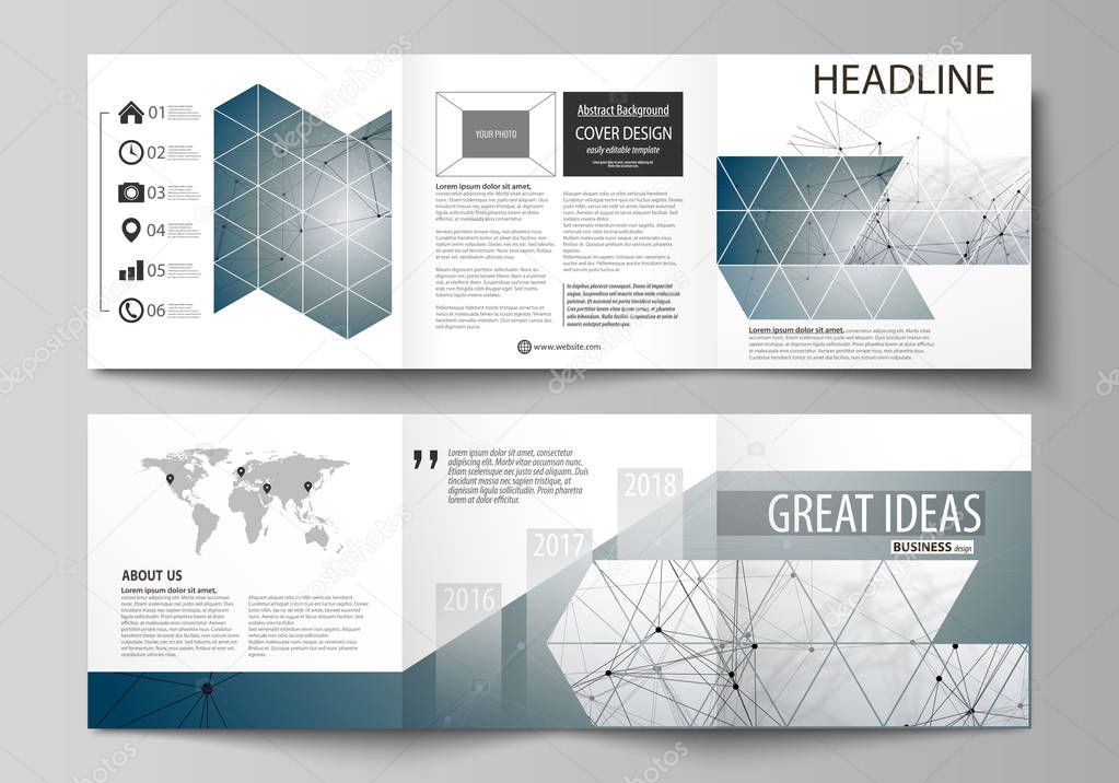 Set of business templates for tri fold square design brochures. Leaflet cover, abstract vector layout. DNA and neurons molecule structure. Medicine, science, technology concept. Scalable graphic.