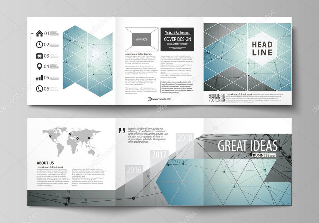 Set of business templates for tri fold square design brochures. Leaflet cover, vector layout Geometric background, connected line and dots. Molecular structure. Scientific, medical, technology concept