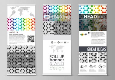 Rulo afiş standları, düz soyut stil şablonları, kurumsal dikey vektör el ilanları, bayrak düzenler. Kimya desen, altıgen tasarım molekül yapısı. Geometrik renkli arka plan.