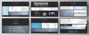 Yüksek çözünürlüklü sunma kaymak düzenlenebilir yerleşimini siyah renkli minimalist vektör çizim tasarım şablonları. Dünya küre mavi. Genel ağ bağlantıları, çizgiler ve noktalar.