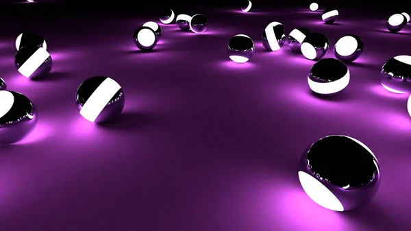 Neon balls on a purple background. Abstract chaotic glowing spheres. Futuristic background. Hi-res illustration for your brochure, flyer, banner designs and other projects. 3d render illustration. — Stock Photo, Image