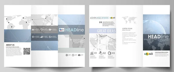 2 創造的な三つ折りパンフレット カバー デザイン ビジネス テンプレートの編集可能なレイアウトのミニマルな抽象的なベクトル イラスト。青の世界の地球。ドット、線グローバル ネットワーク接続 — ストックベクタ