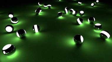 Yeşil bir arka plan üzerine Neon topları. Soyut kaotik parlak küreler. Fütüristik arka plan. Res illüstrasyon broşür, el ilanı, afiş tasarımları ve diğer projeler için. 3D render illüstrasyon.