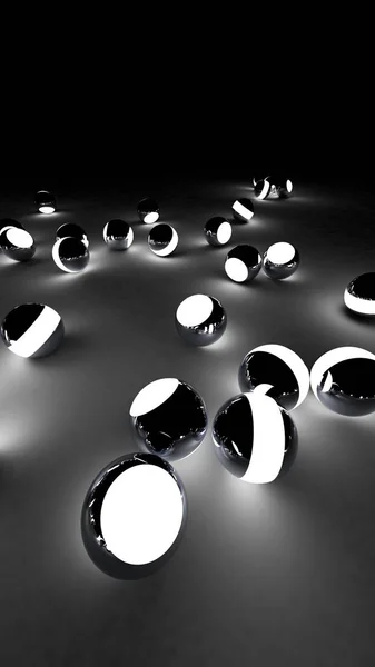 Boules de néon sur fond noir. sphères lumineuses chaotiques abstraites. Contexte futuriste. Illustration haute résolution pour votre brochure, flyer, bannières et autres projets. Illustration de rendu 3D . — Photo