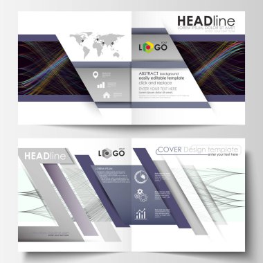 İş şablonları için kare BI broşür, dergi, broşür, kitapçık katlama. Broşür kapak, düz düzen, kolay düzenlenebilir vektör. Soyut dalgalar, çizgiler ve eğriler. Koyu renk arka plan. Hareket tasarımı
