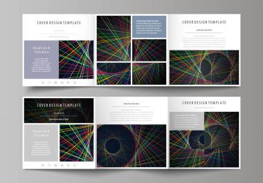 Üç kat kare tasarım broşür için iş şablonları kümesi. Broşür kapak, soyut düz düzen, kolay düzenlenebilir vektör. Parlak renkli çizgiler, renkli güzel arka plan. Mükemmel dekorasyon.