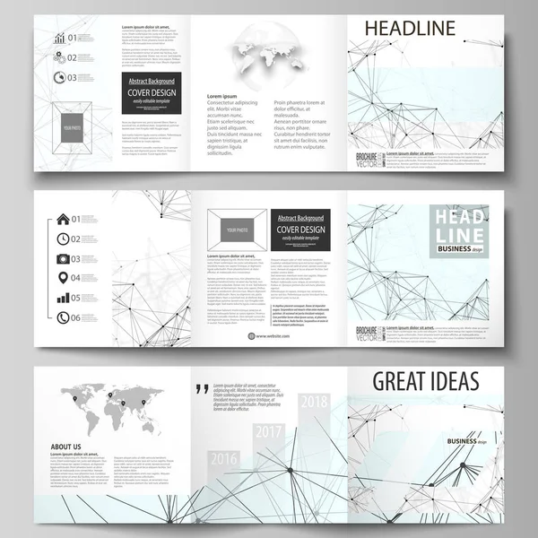 Modelos de negócio para folhetos de design quadrado de três dobras. Capa de folheto, layout vetorial abstrato. Padrão de química, linhas de conexão e pontos, estrutura da molécula no fundo gráfico branco e geométrico . — Vetor de Stock