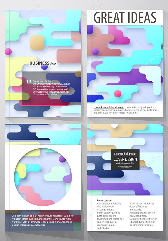 Business templates for brochure, flyer. Cover design template, abstract vector layout. Bright color lines and dots, colorful minimalist backdrop with geometric shapes forming beautiful background.