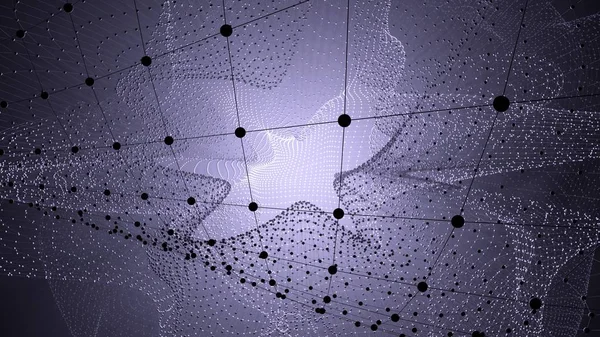 Molecule model met aaneengesloten lijnen met stippen op een donkere achtergrond. Achtergrond van geneeskunde, technologie, chemie of wetenschap. Wetenschappelijke of medische achtergrond met moleculen en atomen. 3D illustratie. — Stockfoto