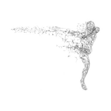 Kavramsal soyut çalışan adam. Bağlı çizgiler, noktalar, üçgenler, beyaz arka plan üzerinde parçacıklar. Bilim veya teknoloji kavramı. Yüksek teknoloji vektör dijital arka plan iş afiş için.