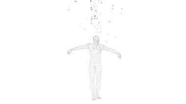 Kavramsal soyut adam. Bağlı çizgiler, noktalar, üçgenler, beyaz arka plan üzerinde parçacıklar. Yapay zeka kavramı. Yüksek teknoloji vektör dijital arka plan.