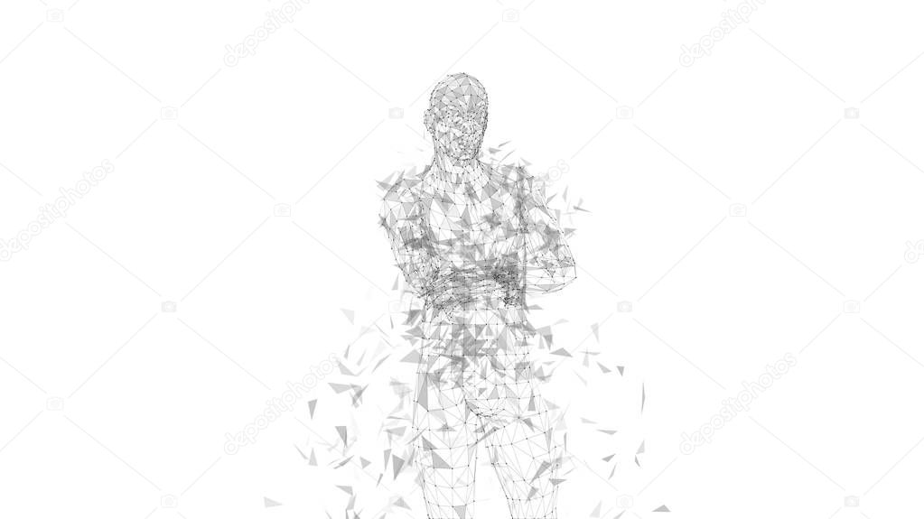 Conceptual abstract man with crossed arms. Connected lines, dots, triangles, particles on white background. Science or technology concept. High technology vector digital background for business banner