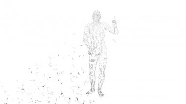 Kavramsal soyut adam parmak işaret. Bağlı çizgiler, noktalar, üçgenler, parçacıklar. Yapay zeka kavramı. Yüksek teknoloji vektör dijital arka plan. 3D render vektör çizim