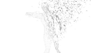 Dokunmadan veya bir şey için işaret eden kavramsal soyut adam. Bağlı çizgiler, noktalar, üçgenler, parçacıklar. Yapay zeka kavramı. Yüksek teknoloji vektör dijital arka plan. 3D render vektör