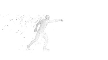 Dokunmadan veya bir şey için işaret eden kavramsal soyut adam. Bağlı çizgiler, noktalar, üçgenler, parçacıklar. Yapay zeka kavramı. Yüksek teknoloji vektör dijital arka plan. 3D render vektör