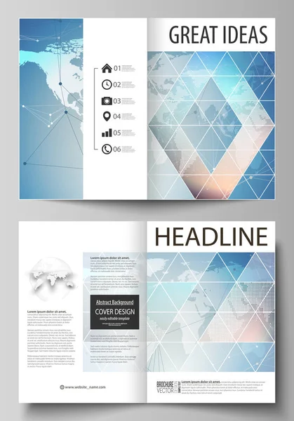 L'illustration vectorielle de la mise en page modifiable de deux modèles de couverture modernes au format A4 pour brochure, magazine, dépliant. Texture linéaire géométrique polygonale. Réseau mondial, concept de données de fouille . — Image vectorielle