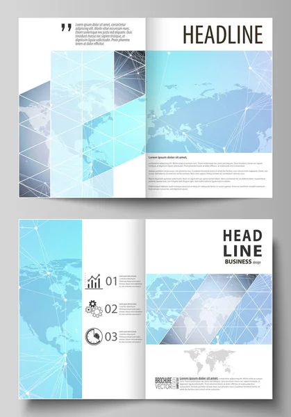 Vektorillustration av två A4 format moderna cover mockups redigerbara layout design mallar för broschyr, reklamblad, häfte. Polygonal konsistens. Globala anslutningar, futuristiska geometriska begrepp. — Stock vektor