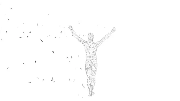 Hombre abstracto conceptual con las manos apuntando hacia arriba. Líneas conectadas, puntos, triángulos, partículas. Concepto de inteligencia artificial. Fondo digital vectorial de alta tecnología. Ilustración de vector de renderizado 3D — Archivo Imágenes Vectoriales