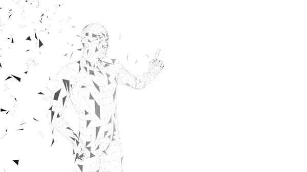 Hombre abstracto conceptual señalando con el dedo hacia arriba. Líneas conectadas, puntos, triángulos, partículas. Concepto de inteligencia artificial. Fondo digital vectorial de alta tecnología. Ilustración de vector de renderizado 3D — Archivo Imágenes Vectoriales