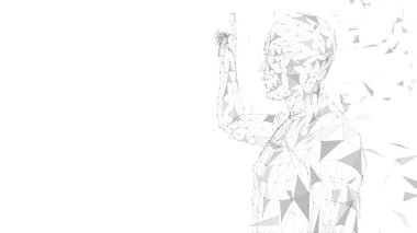 Kavramsal soyut adam parmak işaret. Bağlı çizgiler, noktalar, üçgenler, parçacıklar. Yapay zeka kavramı. Yüksek teknoloji vektör dijital arka plan. 3D render vektör çizim