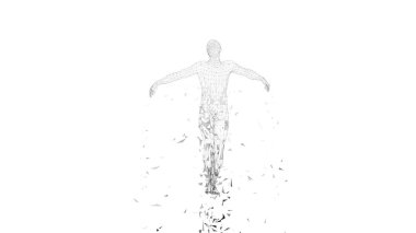 Kavramsal soyut adam. Bağlı çizgiler, noktalar, üçgenler, beyaz arka plan üzerinde parçacıklar. Yapay zeka kavramı. Yüksek teknoloji vektör dijital arka plan. 3D render vektör çizim