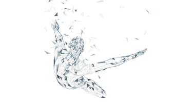 Kavramsal soyut adam havada süzülen. Bağlı çizgiler, noktalar, üçgenler, üzerinde beyaz izole parçacıklar. Yapay zeka kavramı. Yüksek teknoloji vektör, dijital arka plan. 3D render vektör