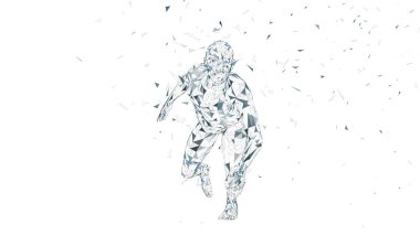 Kavramsal soyut çalışan adam. Runner bağlı çizgiler, noktalar, üçgenler ile. Yapay zeka, dijital spor kavram. Yüksek teknoloji vektör dijital arka plan. 3D render vektör çizim