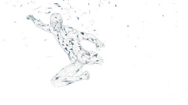Kavramsal soyut adam kung fu kick atlama. Bağlı çizgiler, noktalar, üçgenler, parçacıklar. Yapay zeka kavramı. Yüksek teknoloji vektör, dijital arka plan. 3D render vektör çizim