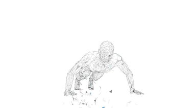 Gönderme yapan kavramsal soyut erkek ups spor salonunda. Bağlı çizgiler, noktalar, üçgenler, parçacıklar. Spor kavram. Yüksek teknoloji vektör, dijital arka plan. 3D render vektör çizim