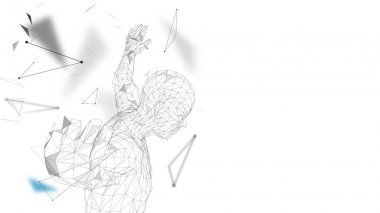 Kavramsal soyut adam atlamak hazırlanıyor. Bağlı çizgiler, noktalar, üçgenler, parçacıklar. Yapay zeka kavramı. Yüksek teknoloji vektör, dijital arka plan. 3D render vektör çizim.