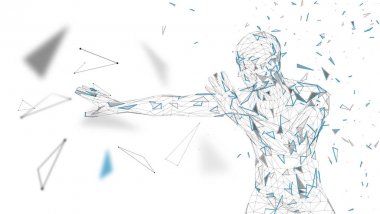 Kavramsal soyut adam korku korkuyor. Bağlı çizgiler, noktalar, üçgenler, parçacıklar. Yapay zeka kavramı. Yüksek teknoloji vektör, dijital arka plan. 3D render vektör çizim.