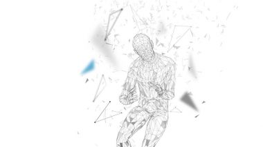 Koruyucu jest kavramsal soyut adam. Bağlı çizgiler, noktalar, üçgenler, parçacıklar. Bulut bilgi işlem güvenlik kavramı. Yüksek teknoloji vektör, dijital arka plan. 3D render vektör.