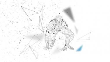 Kavramsal soyut adam çalıştırmak hazırlanıyor. Bağlı çizgiler, noktalar, üçgenler, parçacıklar. Yapay zeka kavramı. Yüksek teknoloji vektör, dijital arka plan. 3D render vektör çizim.