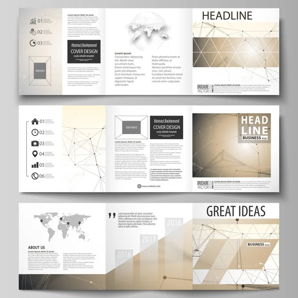 Business templates for tri fold square design brochures. Leaflet cover, easy editable vector layout. Technology, science, medical concept. Golden dots and lines, cybernetic digital style. Lines plexus — Stock Vector