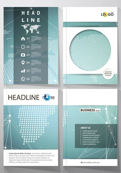 L'illustrazione vettoriale del layout modificabile di quattro copertine in formato A4 con i modelli di design del cerchio per brochure, rivista, volantino. Modello chimico con struttura molecolare. Ricerca sul DNA medico . — Vettoriale Stock