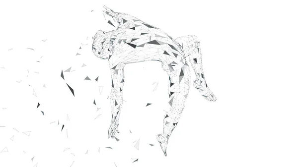 Konceptuella abstrakt mannen är skyhöga i luften. Anslutna linjer, prickar, trianglar, partiklar isolerade på vitt. Artificiell intelligens koncept. Högteknologiska vektor, digital bakgrund. 3D render vektor — Stock vektor