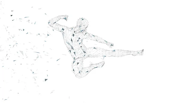 Kavramsal soyut adam kung fu kick atlama. Bağlı çizgiler, noktalar, üçgenler, parçacıklar. Yapay zeka kavramı. Yüksek teknoloji vektör, dijital arka plan. 3D render vektör çizim — Stok Vektör