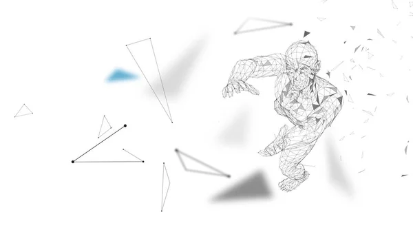 Konzeptueller abstrakter Mann mit erhobenen Händen. verbundene Linien, Punkte, Dreiecke, Teilchen. Künstliche Intelligenz. High-Tech-Vektor, digitaler Hintergrund. 3D-Darstellung von Vektorgrafiken. — Stockvektor