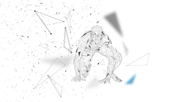 Konzeptuelle abstrakte Mann bereit zu laufen. verbundene Linien, Punkte, Dreiecke, Teilchen. Künstliche Intelligenz. High-Tech-Vektor, digitaler Hintergrund. 3D-Darstellung von Vektorgrafiken. — Stockvektor