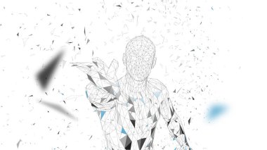 Dokunmadan veya bir şey için işaret eden kavramsal soyut adam. Bağlı çizgiler, noktalar, üçgenler, parçacıklar. Yapay zeka kavramı. Yüksek teknoloji vektör, dijital arka plan. 3D render vektör