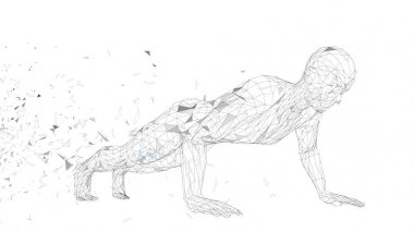 Gönderme yapan kavramsal soyut erkek ups spor salonunda. Bağlı çizgiler, noktalar, üçgenler, parçacıklar. Spor kavram. Yüksek teknoloji vektör, dijital arka plan. 3D render vektör çizim