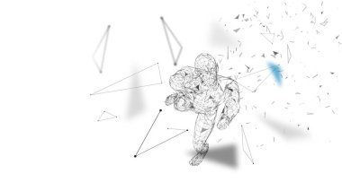 Eller yukarı kavramsal soyut adam. Bağlı çizgiler, noktalar, üçgenler, parçacıklar. Yapay zeka kavramı. Yüksek teknoloji vektör, dijital arka plan. 3D render vektör çizim.