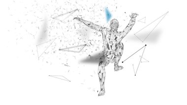 Bir atlama kavramsal soyut adam. Bağlı çizgiler, noktalar, üçgenler, parçacıklar. Yapay zeka kavramı. Yüksek teknoloji vektör, dijital arka plan. 3D render vektör çizim.