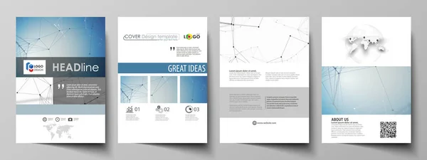 Modelli di business per brochure, volantino, opuscolo, report. Modello di design della copertina, layout vettoriale in formato A4. Sfondo geometrico di colore blu, struttura molecolare, concetto di scienza. Linee e punti collegati — Vettoriale Stock