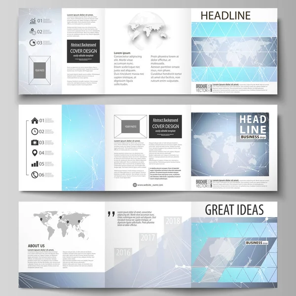 The minimalistic vector illustration of the editable layout. Three creative covers design templates for square brochure or flyer. Polygonal texture. Global connections, futuristic geometric concept. — Stock Vector