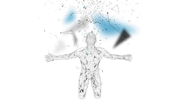 Conceptual abstract man. Connected lines, dots, triangles, particles on white background. Artificial intelligence concept. High technology vector, digital background. 3D render vector illustration.