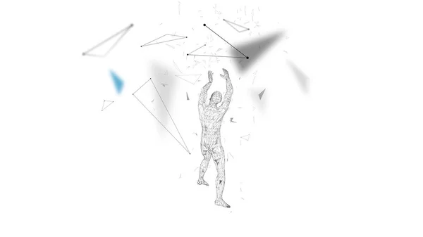Hombre abstracto conceptual con las manos arriba. Líneas conectadas, puntos, triángulos, partículas. Concepto de inteligencia artificial. Vector de alta tecnología, fondo digital. Ilustración de vector de renderizado 3D . — Archivo Imágenes Vectoriales