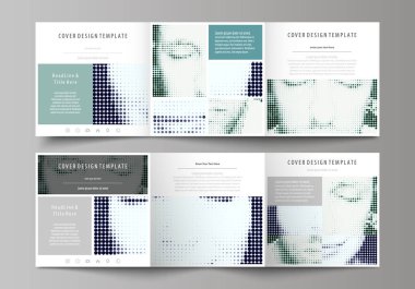 İş şablonları tri için kare tasarım broşür katlayın. Kapak broşür, düzen vektör. Yarı ton noktalı arka plan, retro tarzı grungy desen, vintage doku. Beyaz üzerine siyah noktalar ile noktalı resim etkisi