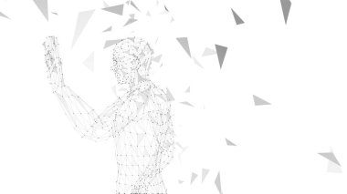 Yukarı dönük el ile kavramsal soyut adam. Bağlı çizgiler, noktalar, üçgenler, parçacıklar. Yapay zeka kavramı. Yüksek teknoloji vektör dijital arka plan. 3D render vektör çizim