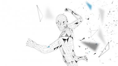 Kavramsal soyut adam güçlü yumruk yapıyor. Bağlı çizgiler, noktalar, üçgenler, parçacıklar. Yapay zeka kavramı. Yüksek teknoloji vektör, dijital arka plan. 3D render vektör çizim